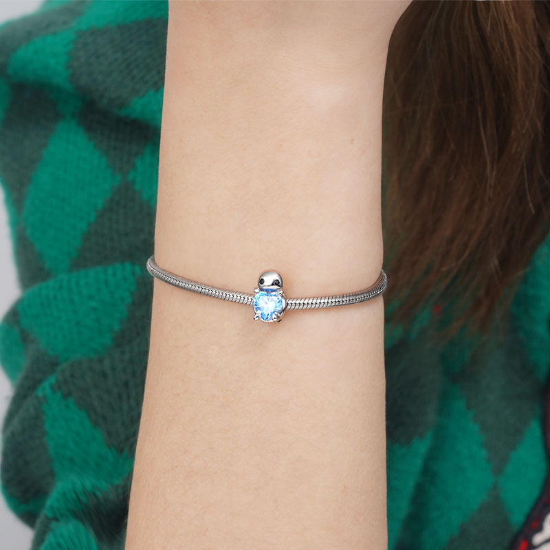 Cute Turtle Embraces Heart Gemstone Charm Bead 925 Sterling Silver Back Inlaid with Blue Gems_3