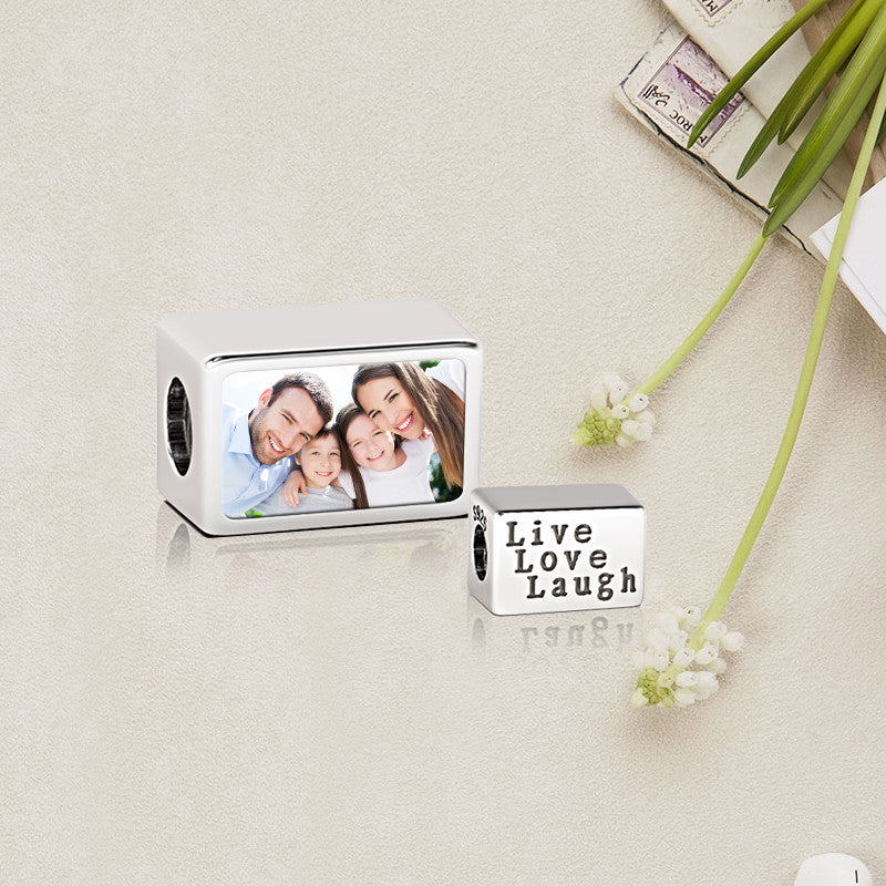 Gnoce "Live Love Laugh "rectangle 925 Sterling Silver Bead Charm Photo Bead Charm_3