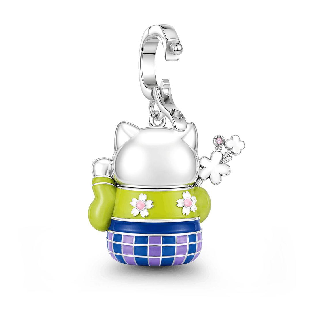 Gnoce Kimono Cherry Blossom Cat Clasp Dangle Charm Platinum-plated Silver Blend_6