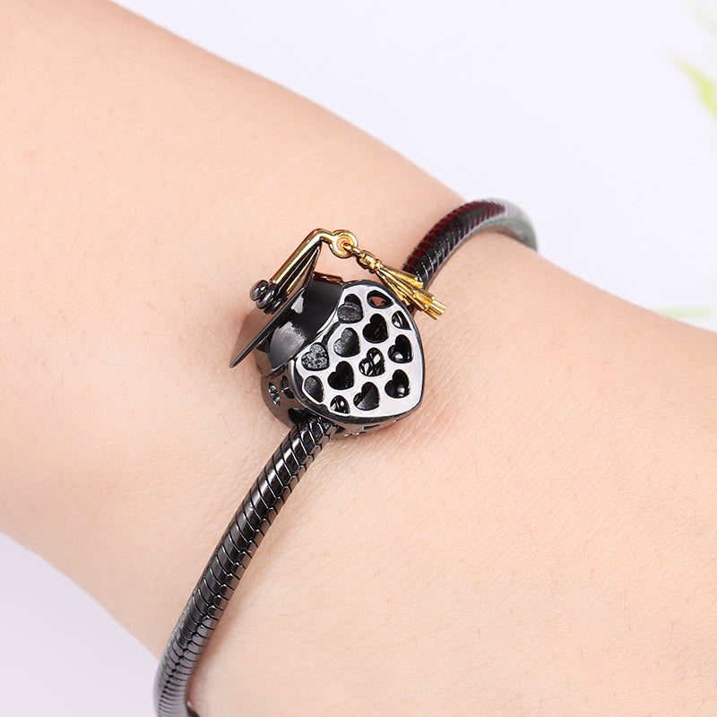 Academic Cap Photo Charm Bead 925 Sterling Silver Black and 18k Gold Plated Best Graduation Gift_3