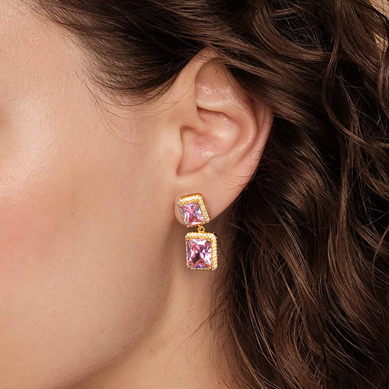 Pink Radiant Gems Dangle Earrings with Gold Plated Sterling Silver_3