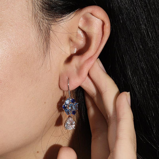 Blue Flower Diamond Drop Earrings with Sterling Silver_3
