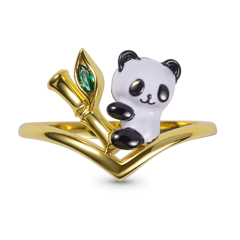 "Panda Loves Bamboo" V Ring Inlaid with Green CZ Stone 18K Gold Plated_1