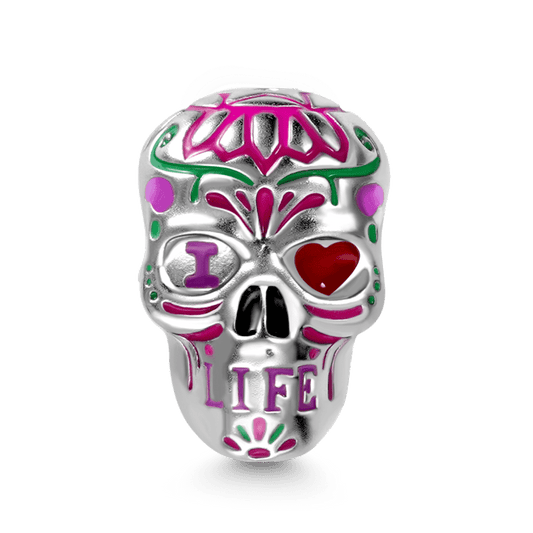 “I Love Life” Flower Skull Charm Bead 925 Sterling Silver_1
