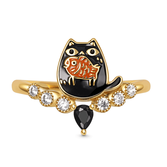 Kitten Eating Fish V-Ring Inlaid with Black Drop Zircon and Crystal Gemstones Sterling Silver 18K Gold Plated_1