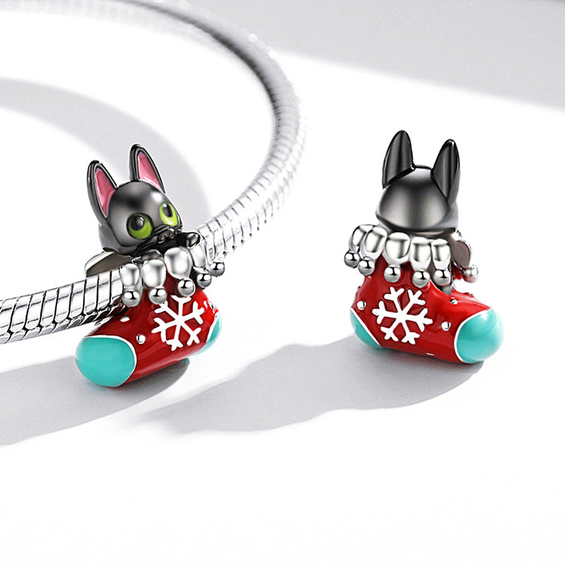 "Black Cat on Christmas Stocking" Charm Bead 925 Sterling Silver_2