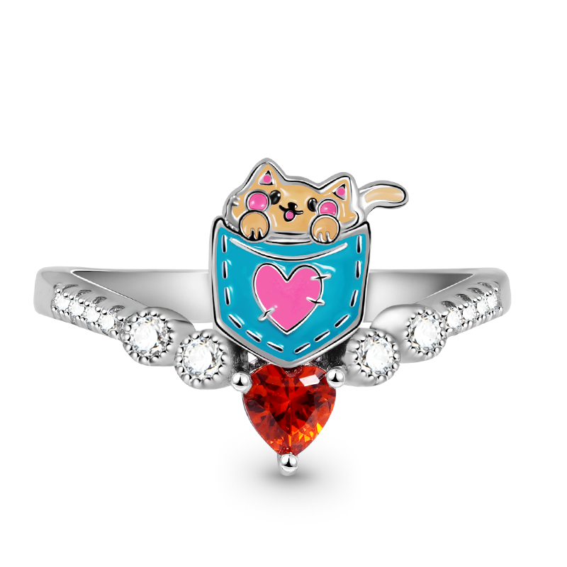 Cute Pocket Cat V Ring Sterling Silver Inlaid with Ruby & CZ Stones_1