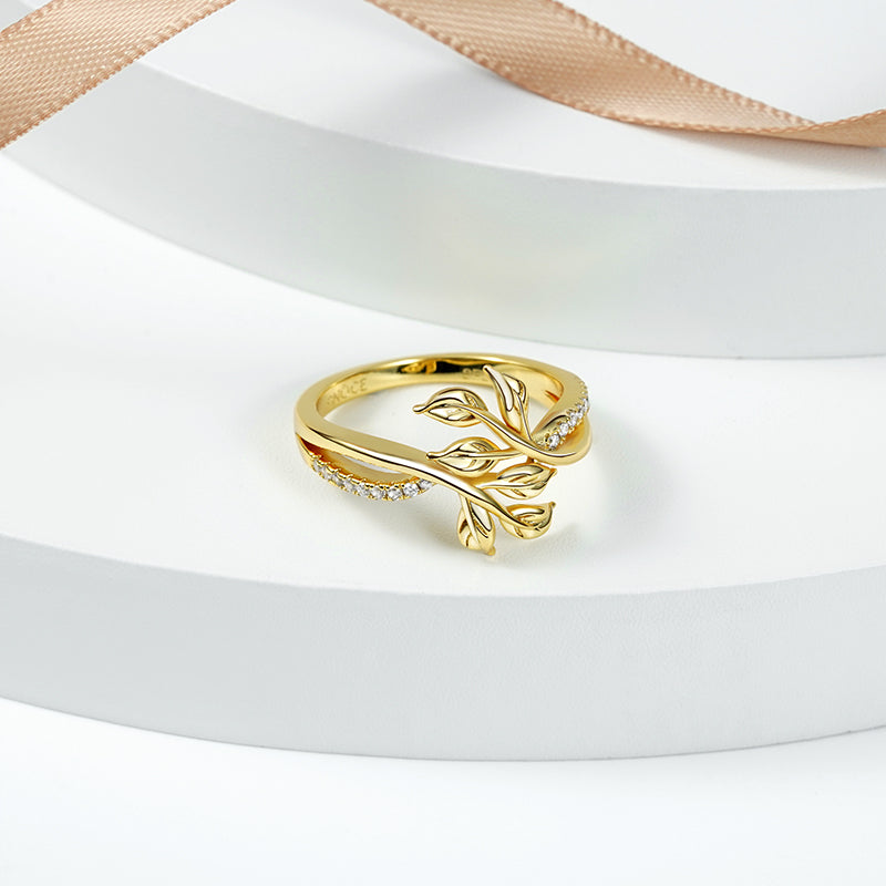 Leaf Shape Ring 925 Sterling Silver 18k Gold Plated Inlaid with Clear Gemstones_2