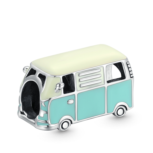 Mini Bus Charm Bead 925 Sterling Silver with Off-white & Light Blue Enamels_1