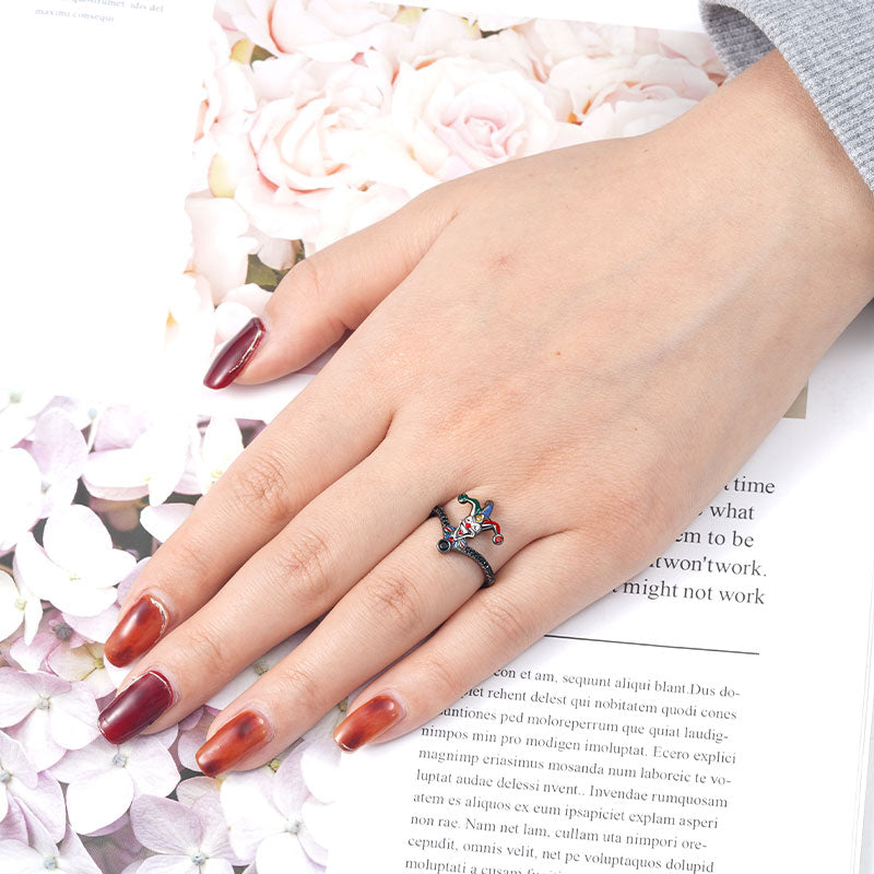 Playful Clown V-Ring Ring 925 Sterling Silver Black Plated with Colorful Enamels & CZ Stones_3