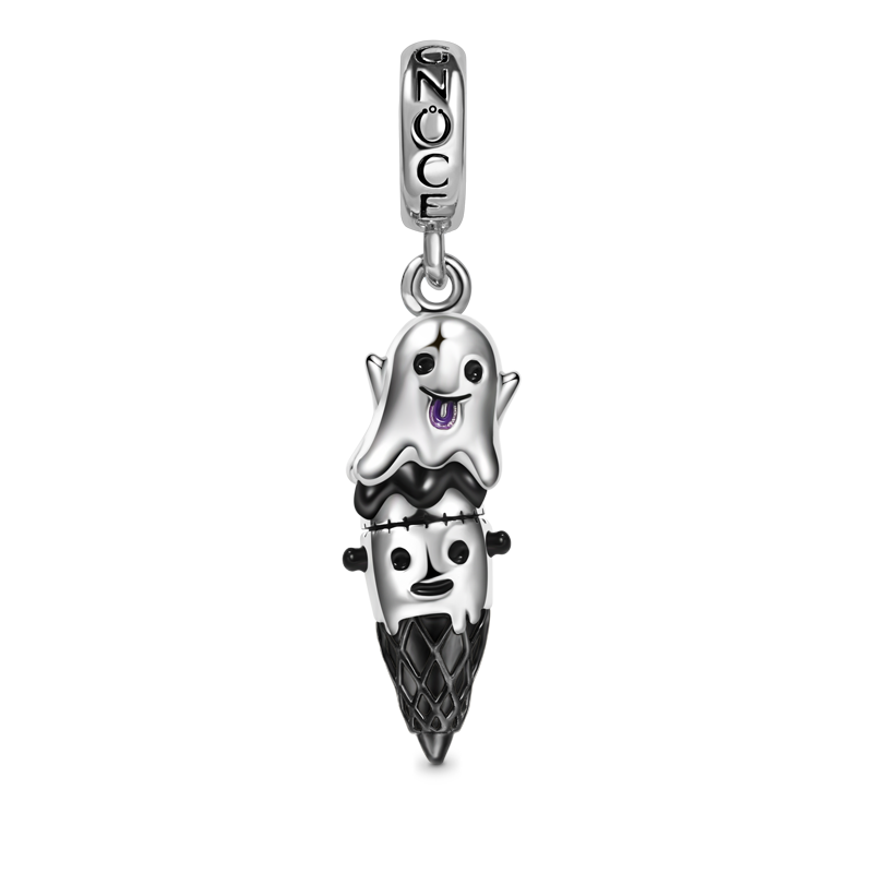 Halloween Ghost Ice Cream Cone Pendant Dangle Charm 925 Sterling Silver Black Plated_1