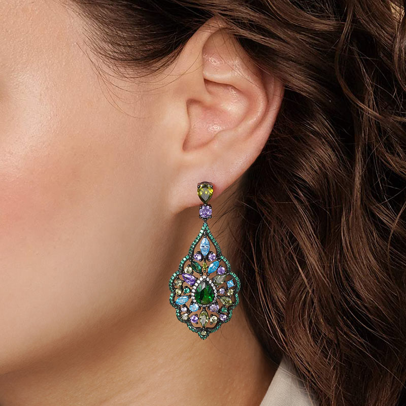 Vintage Water Drop Shape Dangle Earrings Copper Inlaid with Colorful Gemstones_3