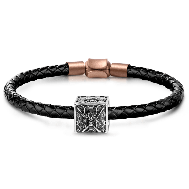 Samurai and Mount Fuji Men's Vintage Bead S925 Sterling Silver with Gift Copper Black Leather Men's Bracelet Jewelry for Men_1