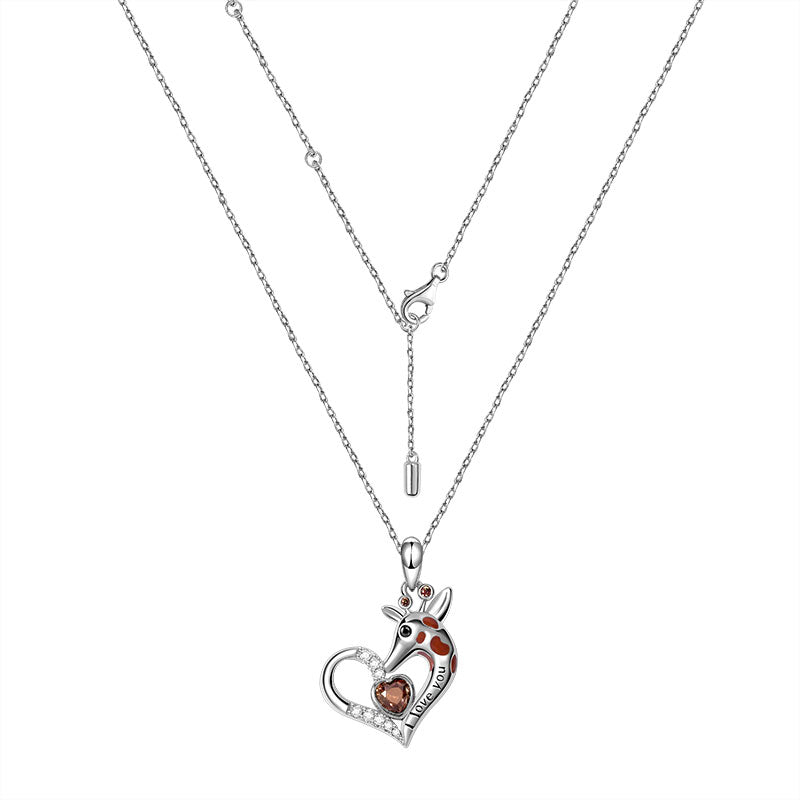 "I Love you" Giraffe Heart Necklace with Heart Shape Ruby Sterling Silver_2