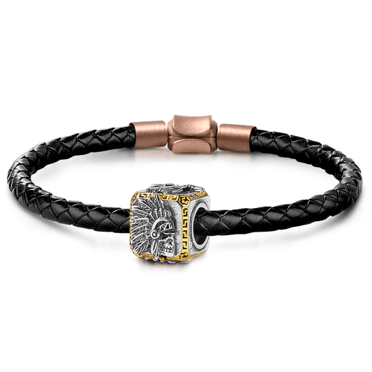 Indian Skull Men's Vintage Bead S925 Sterling Silver 18K Rose Gold Plated with Gift Copper Black Leather Men's Bracelet Jewelry for Men_1