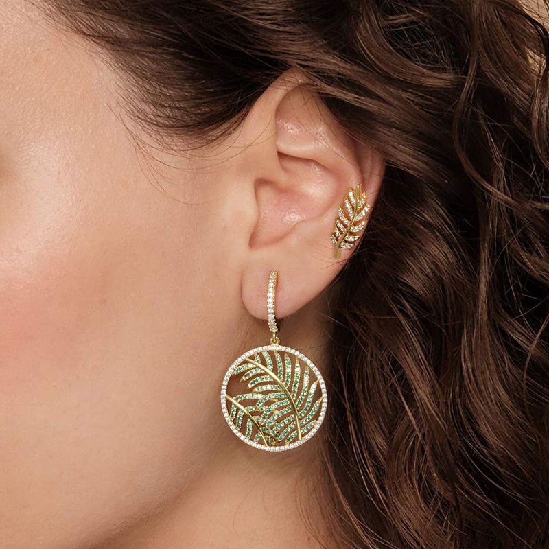 Leaves Dangle Stud Earrings Set 925 Sterling Silver 18K Gold Plated Inlaid with Green & Clear CZ Stones_3
