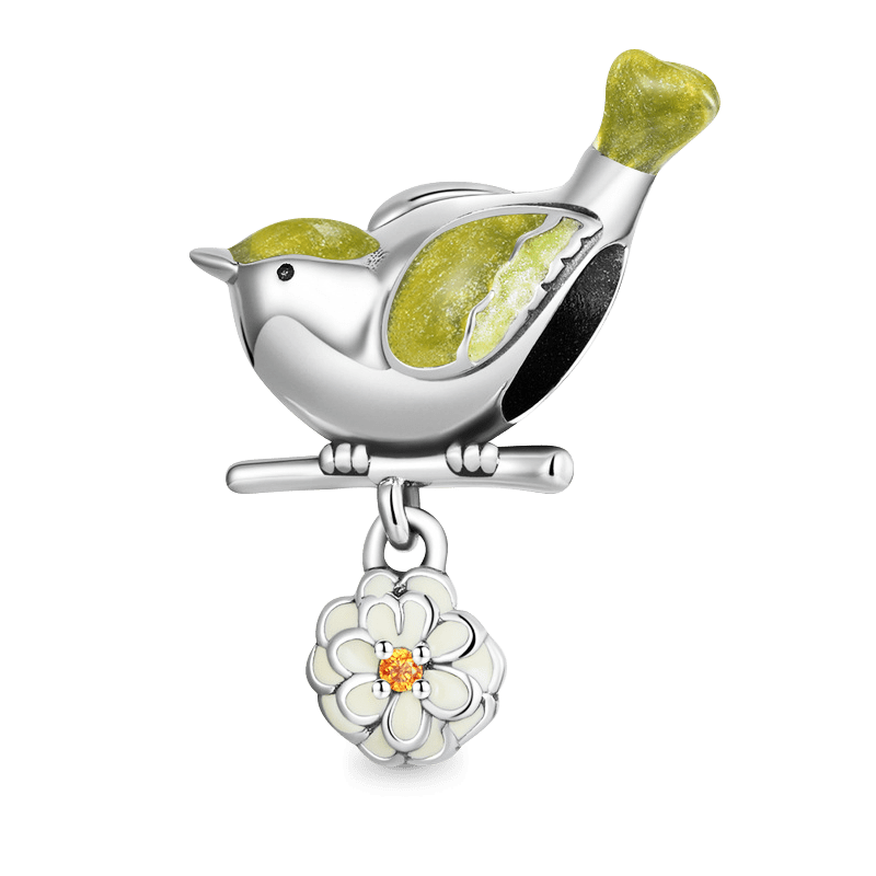 Bird & Flower Pendant Dangle Charm 925 Sterling Silver With Colorful Enamels_1