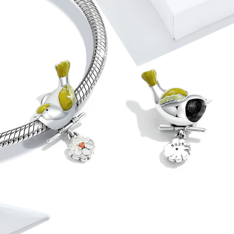 Bird & Flower Pendant Dangle Charm 925 Sterling Silver With Colorful Enamels_2