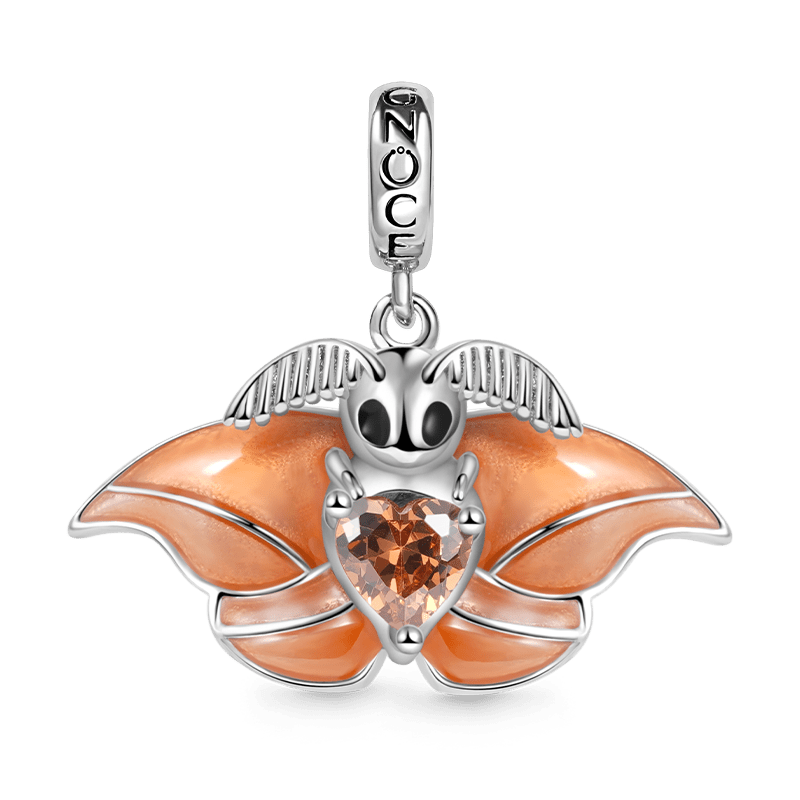 Japanese Silk Moth Embraces Heart Gemstone Charm Bead 925 Sterling Silver with Orange Glitter Enamels_1