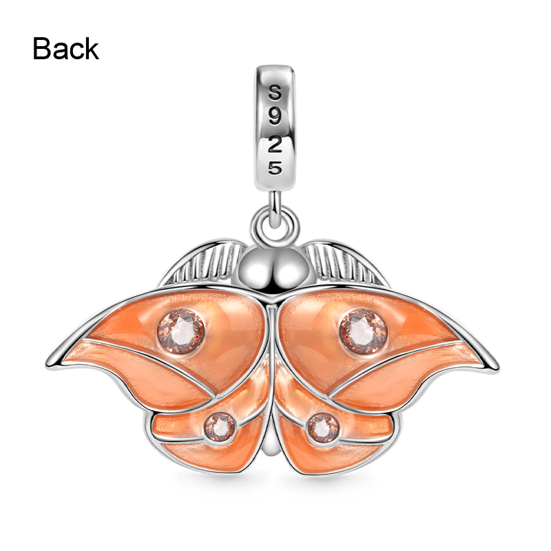 Japanese Silk Moth Embraces Heart Gemstone Charm Bead 925 Sterling Silver with Orange Glitter Enamels_2