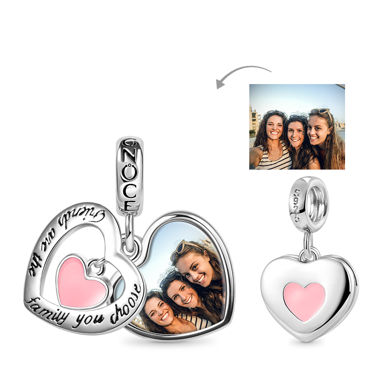 "Friends are the family you choose" Heart Personalized Photo Pendant Dangle Charm 925 Sterling Silver with Pink Enamel_1