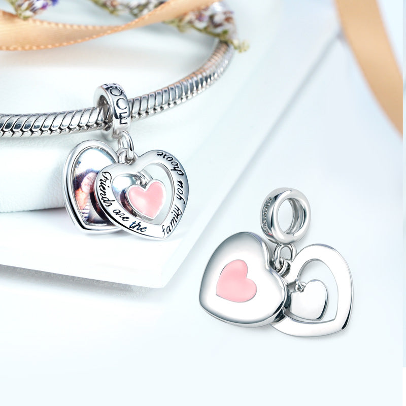 "Friends are the family you choose" Heart Personalized Photo Pendant Dangle Charm 925 Sterling Silver with Pink Enamel_2
