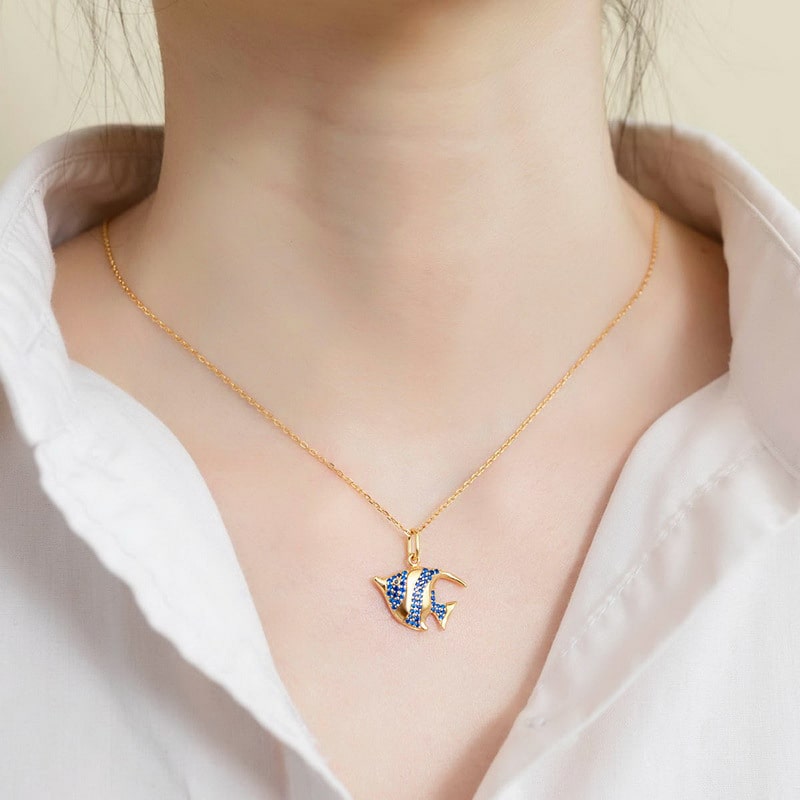 Heniochus Fish Necklace Inlaid with Shiny Spinels Gold Plated Sterling Silver Ocean Collection_4