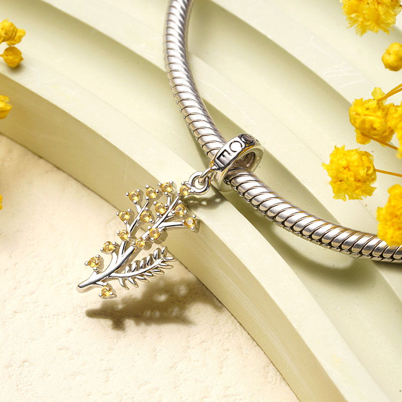 Gnoce Silver Wattle Flower Charm Platinum-plated Silver Blend_3