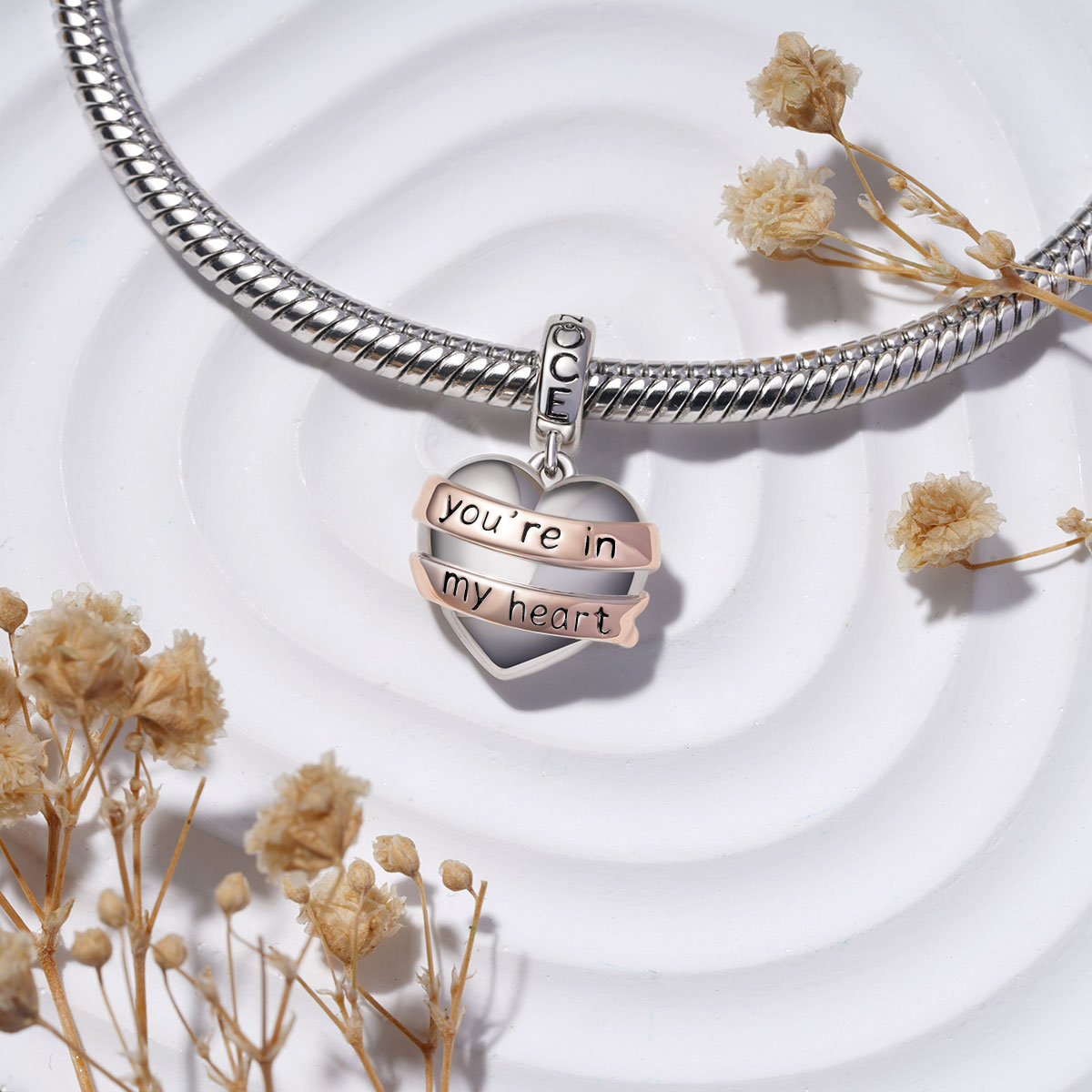 Gnoce Engravable Heart Ribbon Charm Platinum-plated Silver Blend_4