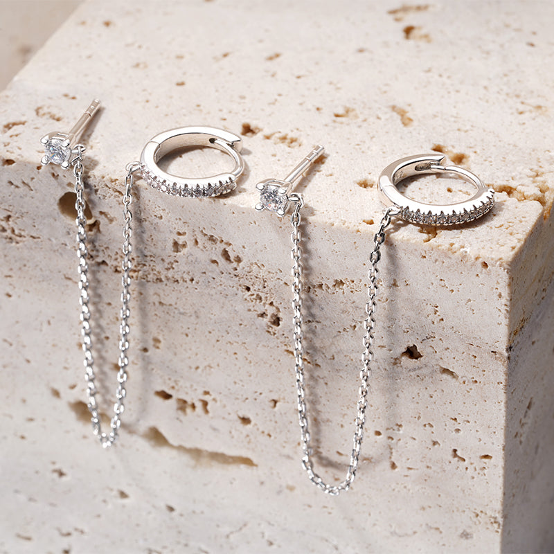 Gnoce Double Piercing Chain Hoop with CZ Stud Earrings_5
