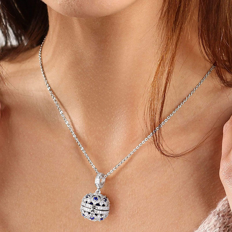 Essential Oil Ball Necklace 925 Sterling Silver Inlaid with Deep Blue Gemstones_4