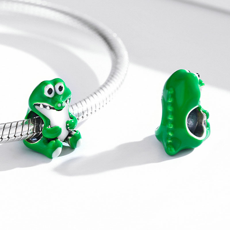 Cute Crocodile Charm Bead 925 Sterling Silver with Green Enamels_2