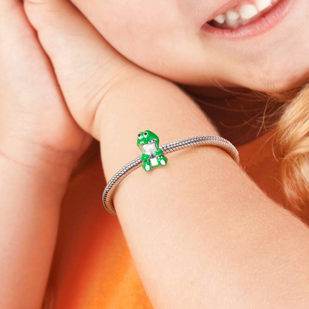 Cute Crocodile Charm Bead 925 Sterling Silver with Green Enamels_5