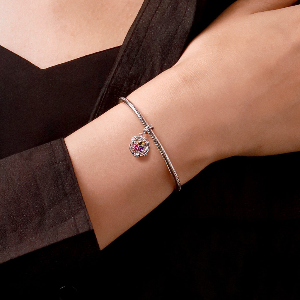 Gnoce Bird's Nest Three Eggs Birthstone Charm Platinum-plated Silver Blend_7