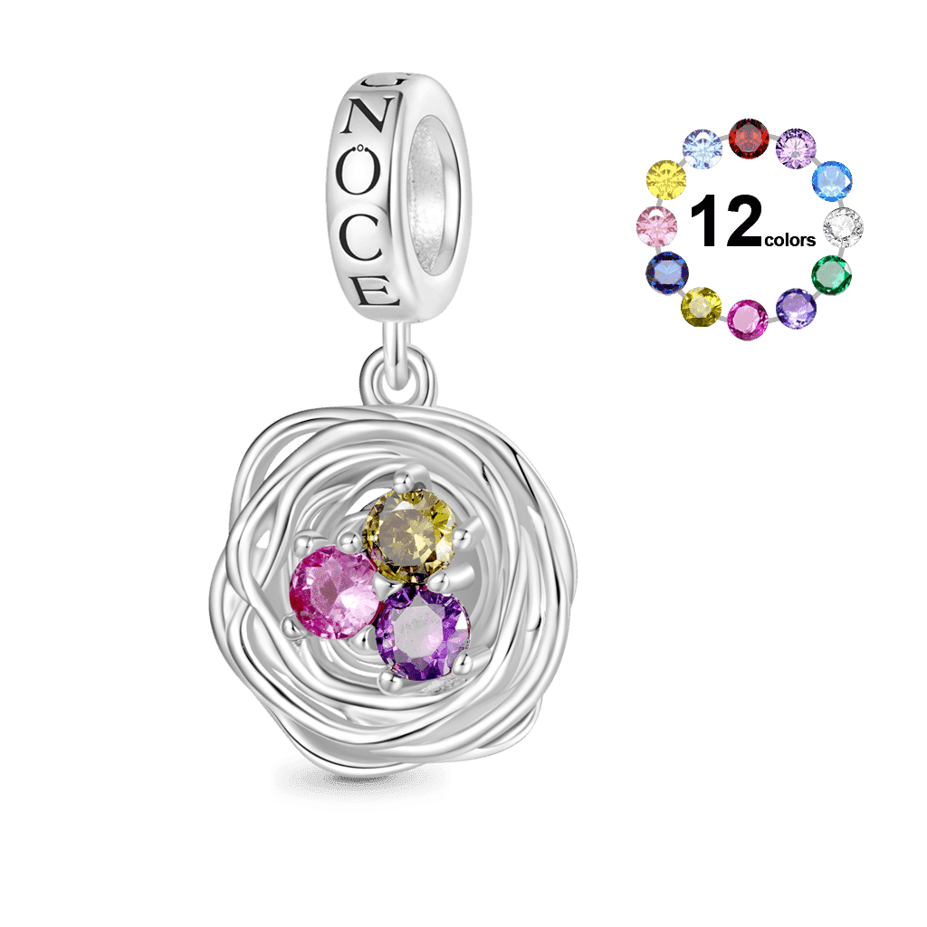 Gnoce Bird's Nest Three Eggs Birthstone Charm Platinum-plated Silver Blend_1