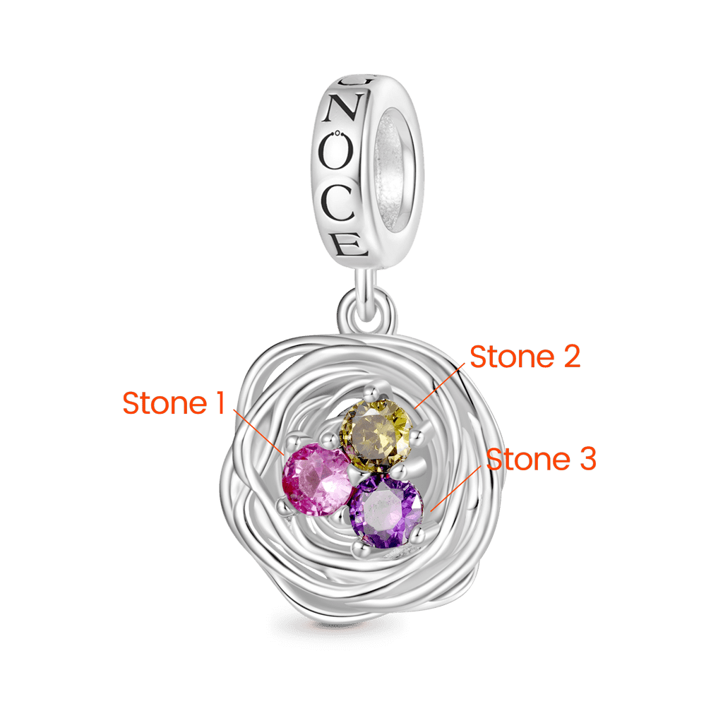 Gnoce Bird's Nest Three Eggs Birthstone Charm Platinum-plated Silver Blend_2
