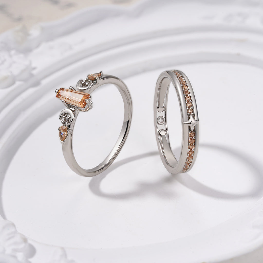 Gnoce Trapezoidal-cut Citrine with Channeled Pave Couple Rings_5