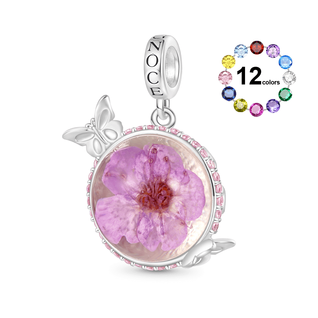 Gnoce Engravable Preserved Flower Butterfly Birthstone Pendant Dangle Charm_1