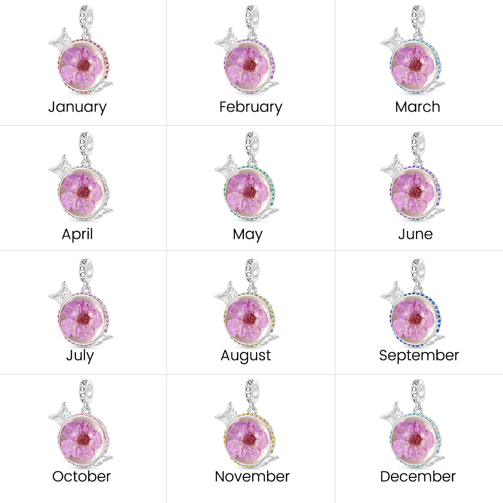 Gnoce Engravable Preserved Flower Butterfly Birthstone Pendant Dangle Charm_7