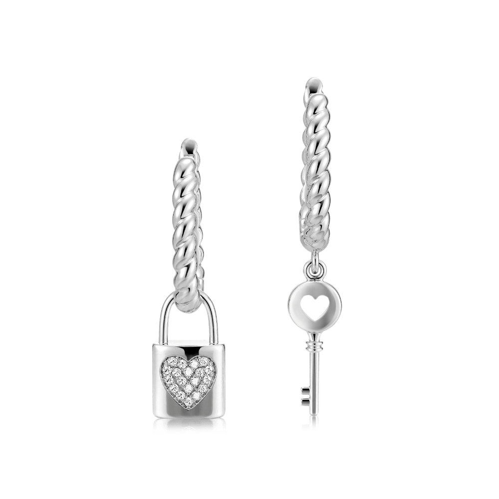 Gnoce Asymmetrical Lock Key Twisted Rope Earrings Platinum-plated Silver Blend_2