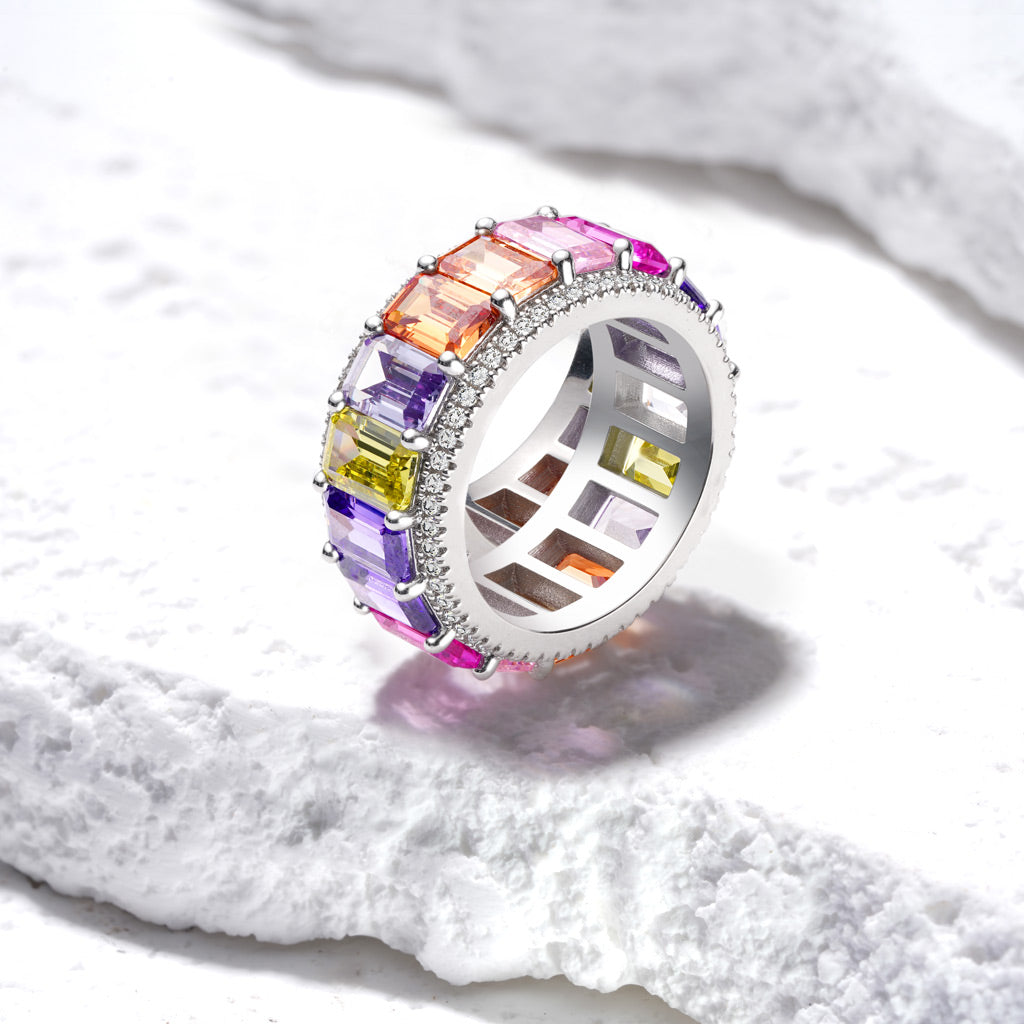 Gnoce Baguette Cut Rainbow Eternity Band Ring_4