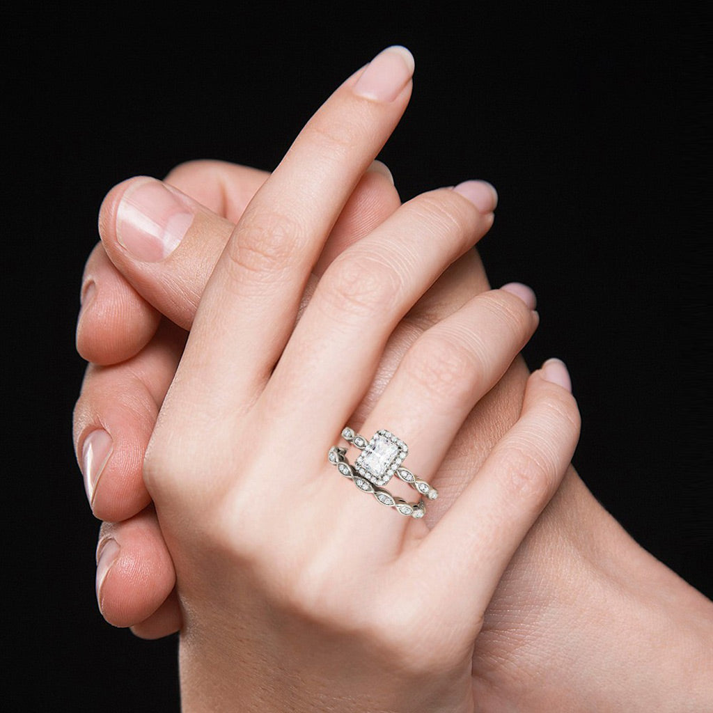 Gnoce Vintage Emerald Cut Halo Engagement Ring Set_7