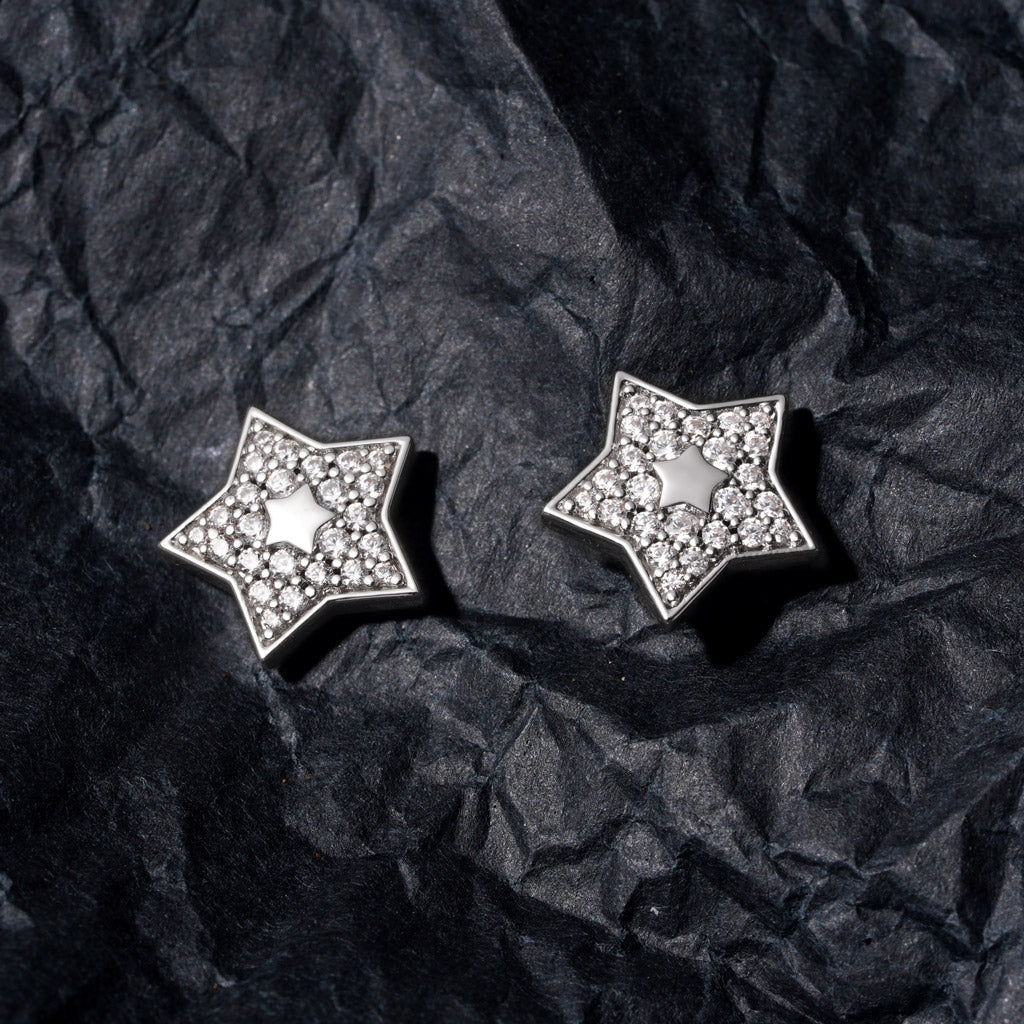 Gnoce White Topaz Pave Star Stud Earrings Platinum-plated Silver Blend_3