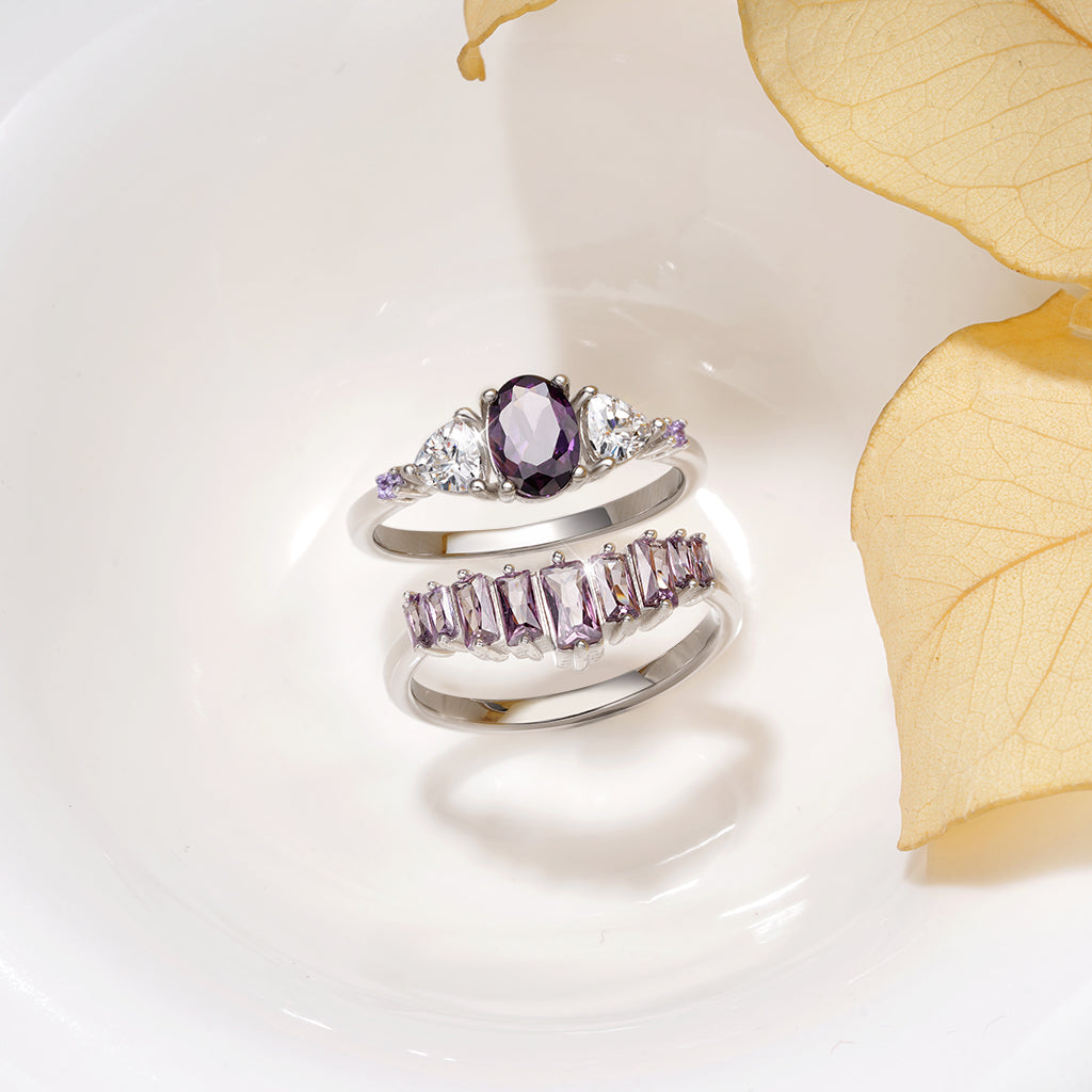 Gnoce Egg-cut Fuchsia Rectangle Stones Ring Platinum-plated Silver Blend_3