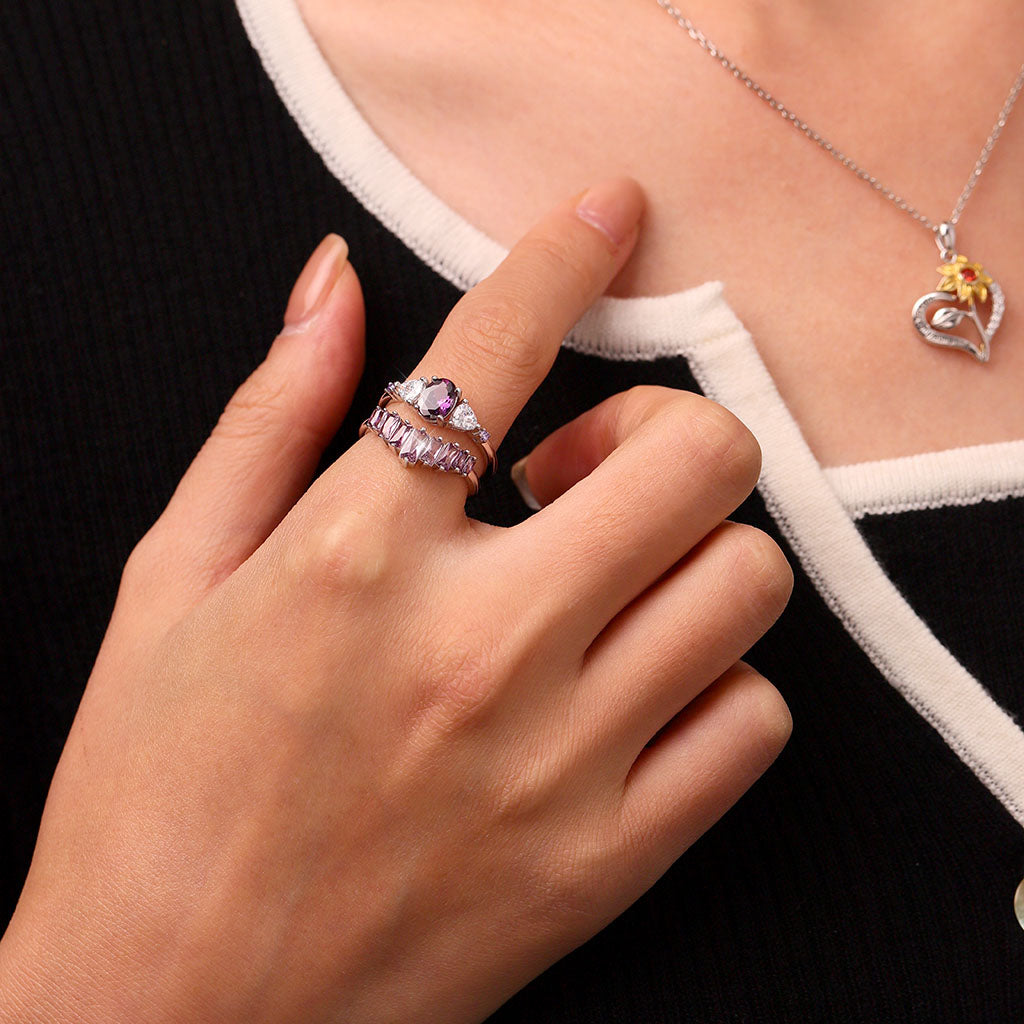 Gnoce Egg-cut Fuchsia Rectangle Stones Ring Platinum-plated Silver Blend_4