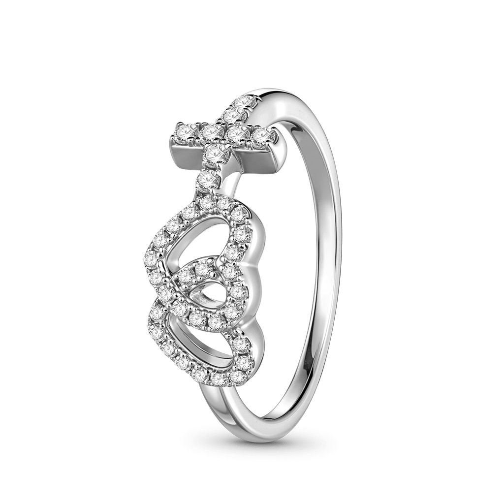 Gnoce Double Heart with Cross Ring Platinum-plated Silver Blend_4