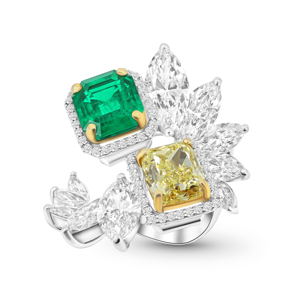 Gnoce Leaf Cluster  Emerald & Yellow Moissanite Ring_1