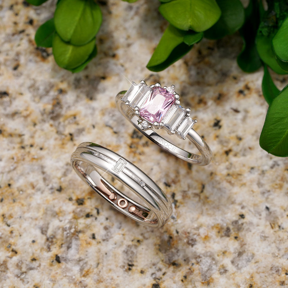 Gnoce Pink Cubic Zirconia Wedding Couple Rings_3