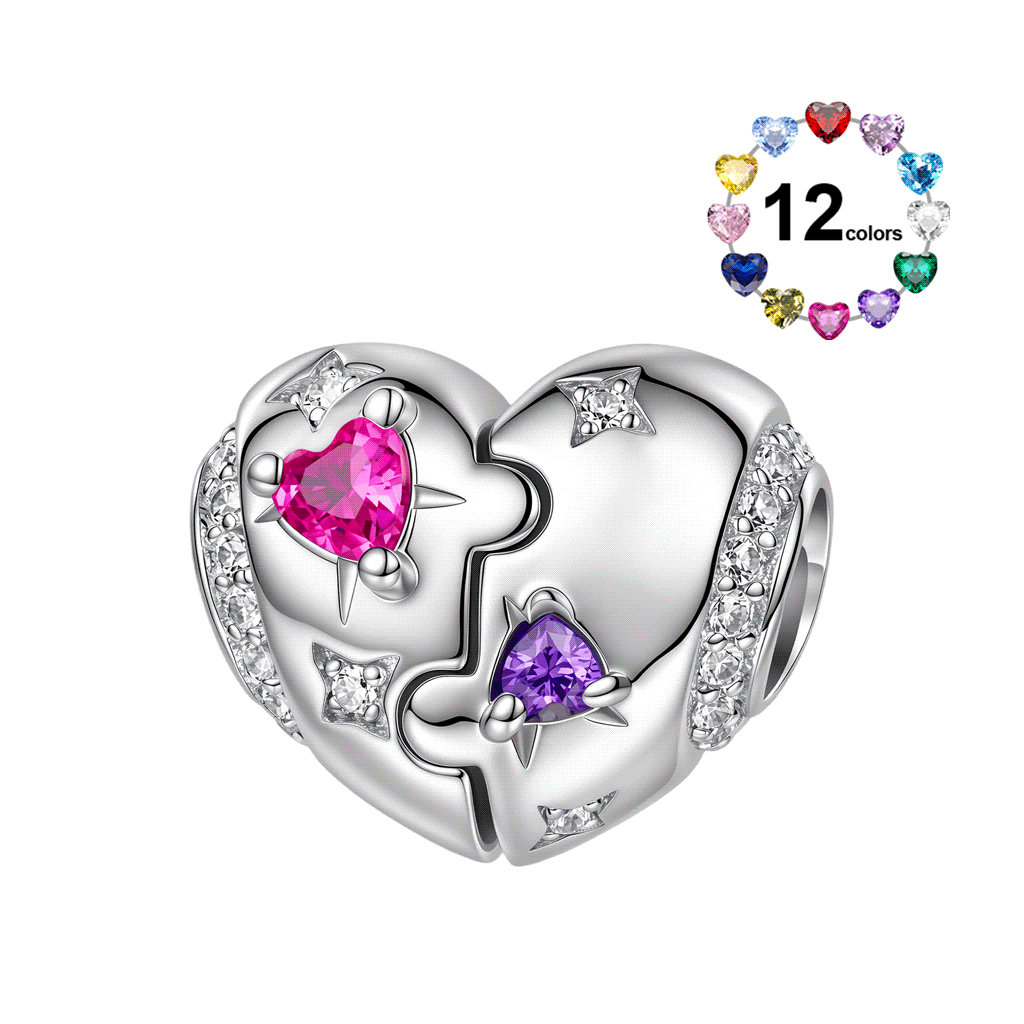 Gnoce Heart-shaped Puzzle Birthstone Charm Platinum-plated Silver Blend_1
