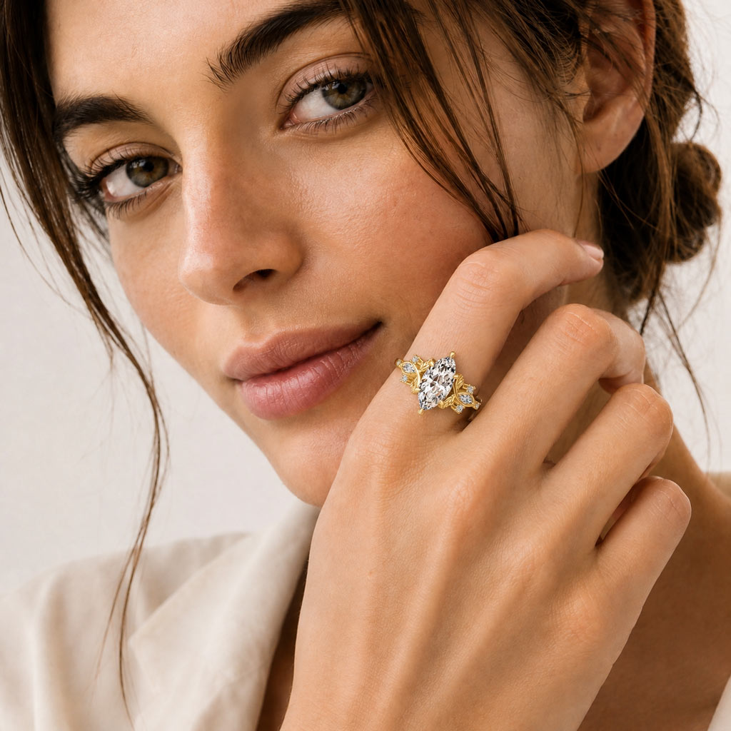 Gnoce Vintage Floral Marquise Cut Engagement Ring_3